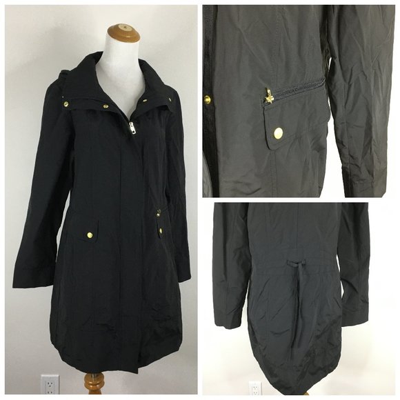 COLE HAAN Signature Black Adj Waist Removeable Hood Zip Pocket Jacket - Picture 1 of 12